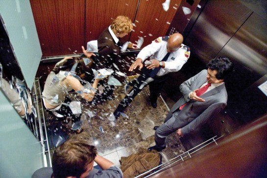 Logan Marshall-Green, from left, Bojana Novakovic, Jenny O'Hara, Bookeem Woodbine and Geoffrey Arend star in Universal Pictures' supernatural thriller with M. Night Shyamalan's signature touch, "Devil." In this scene, a group of people is trapped in the elevator, and one of them is the devil. (Kerry Hayes/Courtesy Universal Pictures/MCT)
