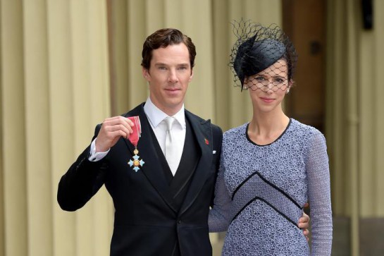 Benedict Cumberbatch and Sophie Hunter pictured after Cumberbatch received an OBE for Services to Drama at an investiture at Buckingham Palace, London, UK. 10/11/2015.