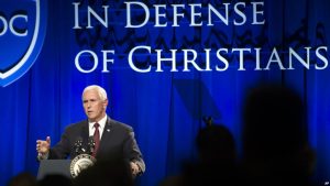Vice President Mike Pence addresses the In Defense of Christians’ fourth-annual national advocacy summit in Washington, Wednesday, Oct. 25, 2017. (AP Photo/Cliff Owen)