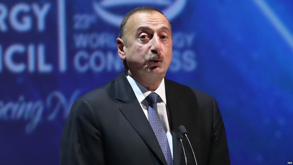 epa05579725 Azerbaijan's President Ilham Aliyev delivers his speech during a session of the 23rd World Energy Congress, in Istanbul, Turkey, 10 October 2016.  EPA/SEDAT SUNA
